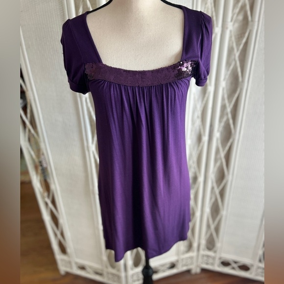 Soprano Top Purple Sequins Band Puff Sleeve Square Neck Tunic size Medium - Picture 2 of 15